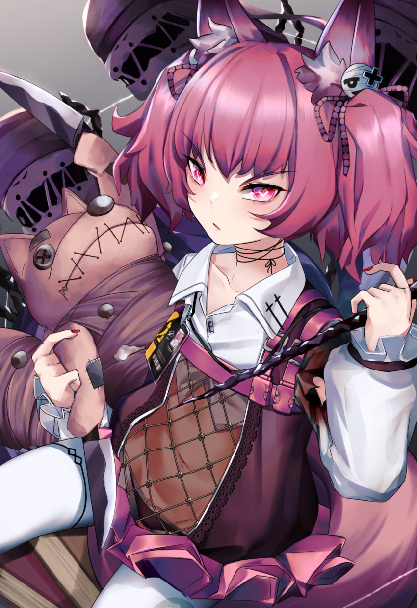 1girl :/ animal_ear_fluff animal_ears arknights bangs black_panties blush book bow bow_panties choker collarbone collared_shirt commentary cowboy_shot crop_top eyebrows_visible_through_hair fox_ears fox_girl fox_tail frilled_sleeves frills glaring glint grey_background groin hair_between_eyes hair_ribbon heart heart-shaped_pupils highres holding holding_stuffed_animal holding_wand id_card knife lanyard long_sleeves looking_at_viewer midriff navel off_shoulder panties pantyhose parted_lips pink_eyes pink_hair pink_ribbon purple_skirt purple_vest ribbon ribbon_choker shamare_(arknights) shirt sidelocks sitting skirt solo_focus stuffed_animal stuffed_toy symbol-shaped_pupils tail twintails underwear vest wakamepiza wand white_legwear white_shirt
