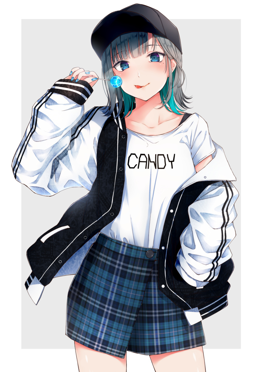 1girl :p absurdres arm_up bangs baseball_cap blue_eyes blunt_bangs blush border candy clothes_writing collarbone colored_inner_hair dabadhi food gradient gradient_background grey_hair hand_in_pocket hat highres holding_lollipop jacket lollipop mole mole_under_eye multicolored_hair nail_polish off_shoulder open_clothes open_jacket original plaid plaid_skirt shirt short_hair simple_background skirt sleeves_past_wrists solo standing t-shirt tongue tongue_out two-tone_hair