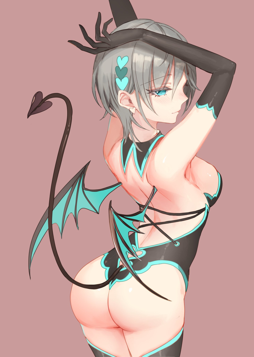1girl anastasia_(idolmaster) armpits arms_up ass bangs bare_back black_gloves black_legwear blue_eyes blush breasts cross cross_necklace demon_girl demon_tail demon_wings earrings elbow_gloves eyebrows_visible_through_hair from_behind gloves grey_hair hair_between_eyes hair_ornament hand_behind_head heart heart_earrings heart_hair_ornament highres idolmaster idolmaster_cinderella_girls jewelry lavender_background leotard medium_breasts necklace parted_lips rum_raisin_(chihiromakita19) short_hair sideboob sidelocks simple_background sleeveless smile solo tail thigh-highs wings