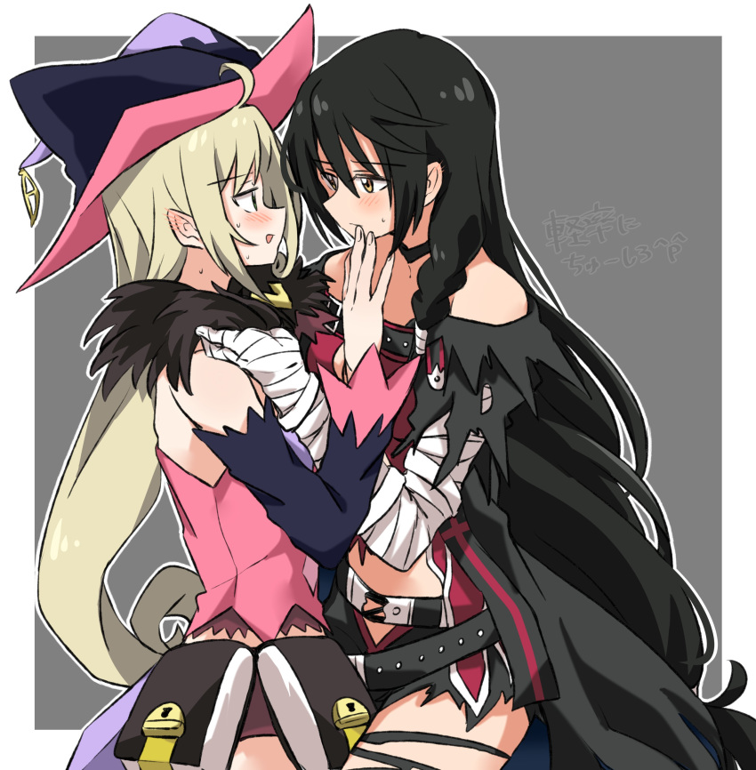 2girls absurdres bandaged_arm bandages belt black_choker black_hair blonde_hair blush choker detached_sleeves ear_blush eye_contact eyebrows_visible_through_hair fur_trim green_eyes grey_background hair_between_eyes hat highres long_hair looking_at_another magilou_(tales) miiii multiple_girls open_mouth sidelocks tales_of_(series) tales_of_berseria translation_request two-tone_background velvet_crowe white_background witch_hat yellow_eyes yuri