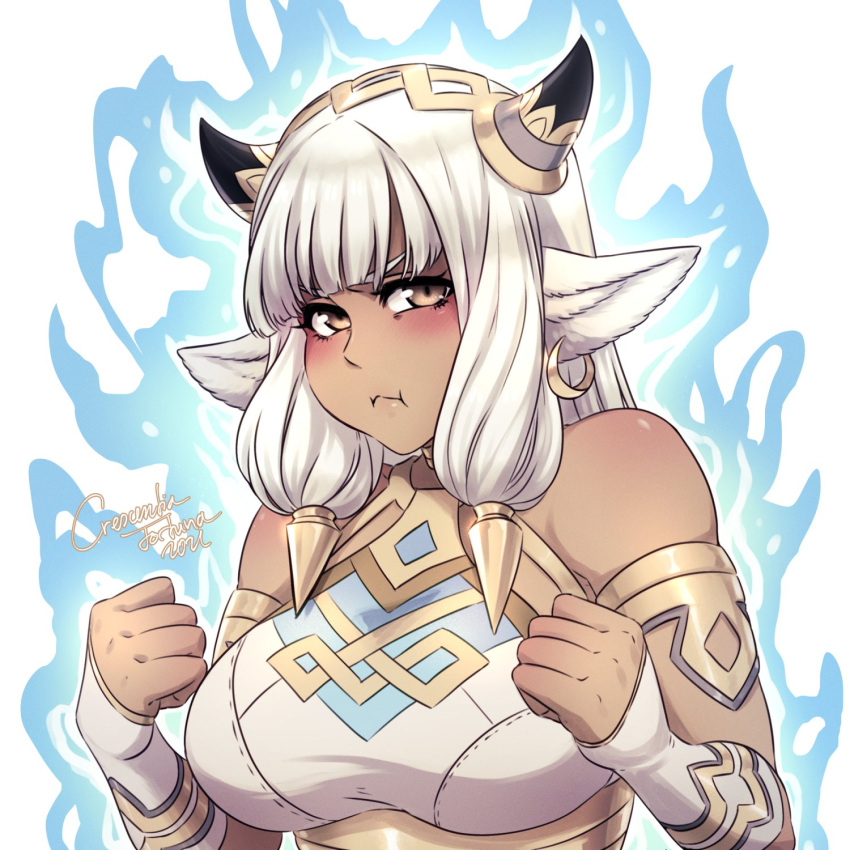 1girl animal_ears ash_(fire_emblem) aura black_horns blush breasts brown_eyes choker cow_ears cow_girl cow_horns crescentia_fortuna dark-skinned_female dark_skin fire_emblem fire_emblem_heroes glowing highres holding horns jewelry large_breasts looking_at_viewer piercing pout silver_hair solo staff white_hair