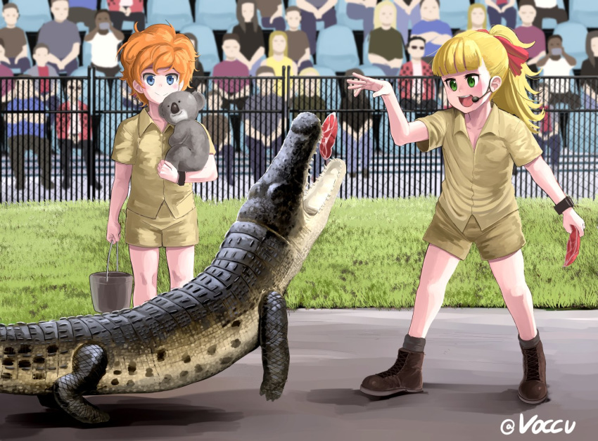 2girls :d animal ankle_boots bangs black_footwear black_legwear blonde_hair blue_eyes blunt_bangs boots brown_shirt brown_shorts buckle closed_mouth collared_shirt commentary cosplay crocodile crocodilian crowd english_commentary feeding fence food girls_und_panzer grass green_eyes hair_ribbon headset holding holding_animal kamonohashi_(girls_und_panzer) koala looking_at_another meat medium_hair messy_hair multiple_girls open_mouth orange_hair ponytail red_ribbon ribbon shirt short_hair short_sleeves shorts smile socks standing steve_irwin steve_irwin_(cosplay) twitter_username voccu wallaby_(girls_und_panzer) watch watch