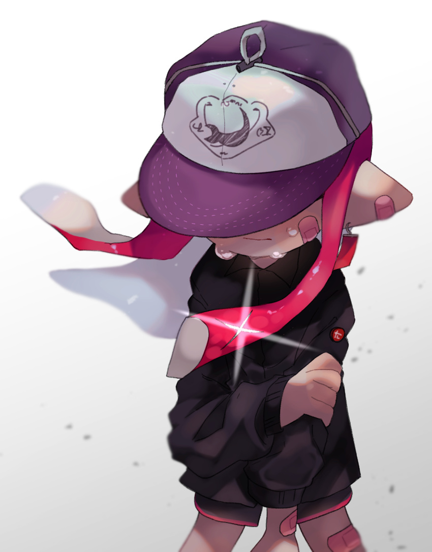 1girl bandage_on_face bandages black_shirt black_shorts collared_shirt covered_eyes crying earrings frown hand_on_own_arm hat highres inkling inkling_girl jewelry long_sleeves mikoshiba_m pink_hair pointy_ears purple_headwear shiny shirt short_shorts shorts simple_background splatoon_(series) teardrop tears white_background