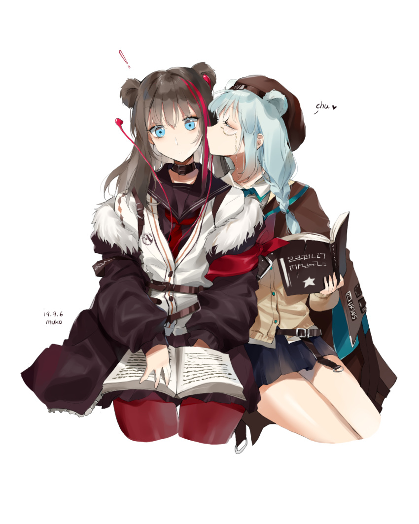 ! 2girls animal_ears aqua_neckwear arknights artist_name bare_legs bear_ears black_choker black_skirt blue_eyes book braid brown_cloak brown_hair brown_headwear brown_jacket cheek_kiss chinese_commentary choker cloak closed_eyes closed_mouth collared_shirt cowboy_shot dated earphones eyebrows_visible_through_hair eyelashes fur-trimmed_jacket fur_trim hair_between_eyes hat heart highres holding holding_book invisible_chair istina_(arknights) jacket kiss light_blue_hair looking_at_viewer medium_hair meng_ziya miniskirt monocle multicolored_hair multiple_girls necktie off_shoulder pantyhose pleated_skirt reading red_legwear red_neckwear redhead romaji_text school_uniform serafuku shirt simple_background sitting skirt strap streaked_hair surprised thighs two-tone_hair vest white_background white_jacket white_shirt wing_collar yellow_vest yuri zima_(arknights)