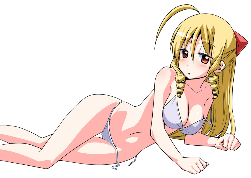 1girl bikini blonde_hair blush bow breasts commentary_request drill_hair hair_bow hata_kenjirou hayate_no_gotoku! highres large_breasts long_hair looking_at_viewer navel official_art simple_background solo swimsuit tennousu_athena untied untied_bikini white_background