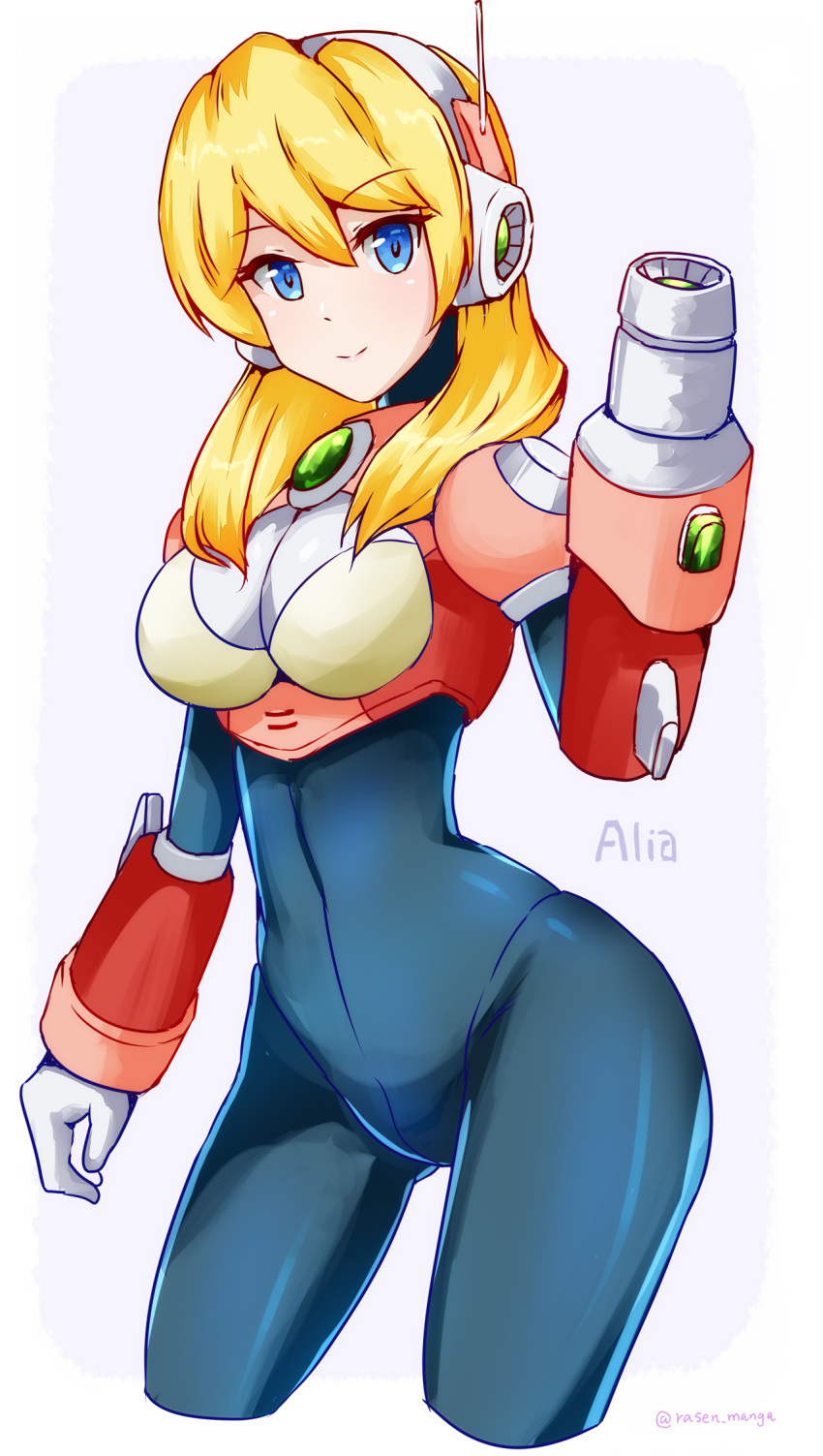 1girl alia_(rockman) android arm_cannon armor ass_visible_through_thighs bangs blonde_hair blue_bodysuit blue_eyes bodysuit breasts character_name commentary_request cowboy_shot cropped_legs curvy eyebrows_visible_through_hair gauntlets gloves hair_between_eyes hand_up headset highres large_breasts long_hair looking_at_viewer pink_armor rasen_manga robot_ears rockman rockman_x sidelocks simple_background smile solo twitter_username weapon white_background white_gloves