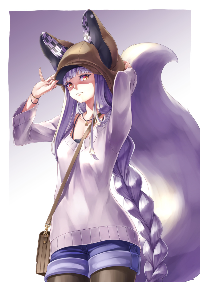 1girl adjusting_clothes adjusting_hat animal_hat bag black_legwear bracelet cowboy_shot fox_tail gradient gradient_background hat highres jewelry kazuki_seihou legwear_under_shorts long_hair looking_at_viewer necklace original pantyhose shorts silver_hair solo sweater tail very_long_hair yellow_eyes