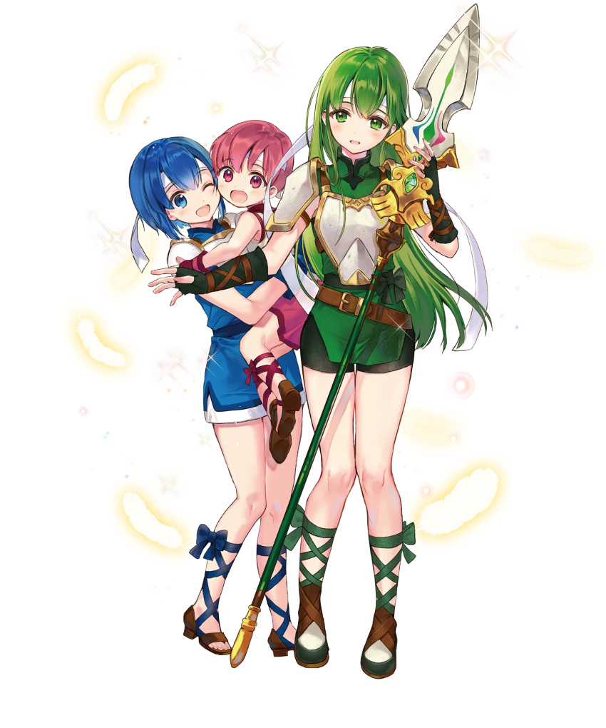 3girls bangs blue_eyes blue_hair catria_(fire_emblem) est_(fire_emblem) fire_emblem fire_emblem:_mystery_of_the_emblem fire_emblem_heroes full_body green_eyes green_hair hanekoto headband highres long_hair multiple_girls official_art palla_(fire_emblem) pink_hair polearm short_hair siblings sisters spear transparent_background weapon younger