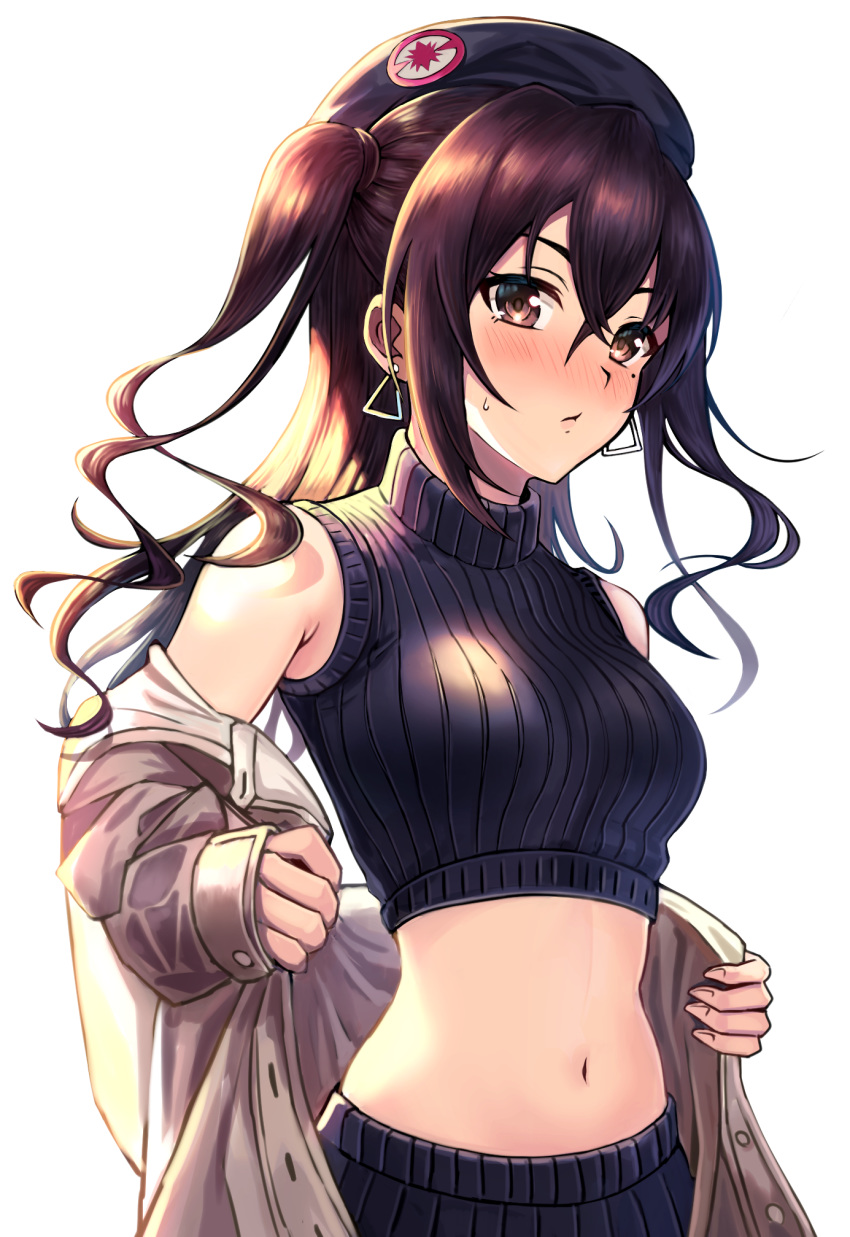 1girl armpit_crease bare_shoulders beret black_headwear black_shirt black_skirt breasts brown_eyes brown_hair brown_jacket crop_top earrings hat highres idolmaster idolmaster_cinderella_girls idolmaster_cinderella_girls_starlight_stage jacket jewelry large_breasts long_hair long_sleeves looking_at_viewer midriff mole mole_under_eye navel off_shoulder open_clothes open_jacket ribbed_shirt ribbed_skirt shirt sidelocks simple_background skirt sleeveless sleeveless_shirt sleeveless_turtleneck solo stomach su77sty sunazuka_akira sweatdrop turtleneck two_side_up upper_body white_background