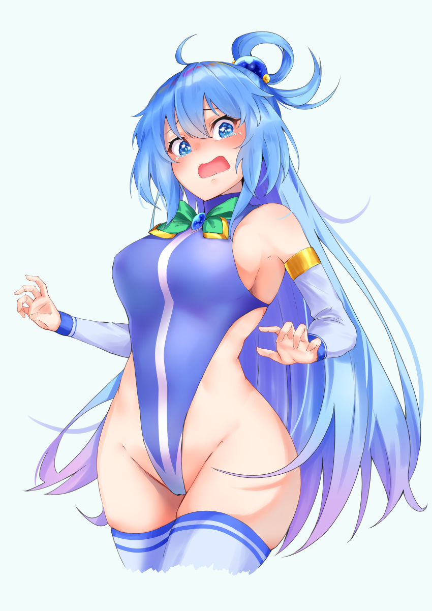 1girl absurdres alternate_costume aqua_(konosuba) bare_shoulders blue_eyes blue_hair blush breasts commentary_request detached_sleeves gem green_neckwear hair_ornament hair_rings highleg highres kono_subarashii_sekai_ni_shukufuku_wo! large_breasts leotard long_hair looking_at_viewer mr.doukotsu open_mouth over-kneehighs simple_background solo thigh-highs very_long_hair white_background white_legwear white_sleeves