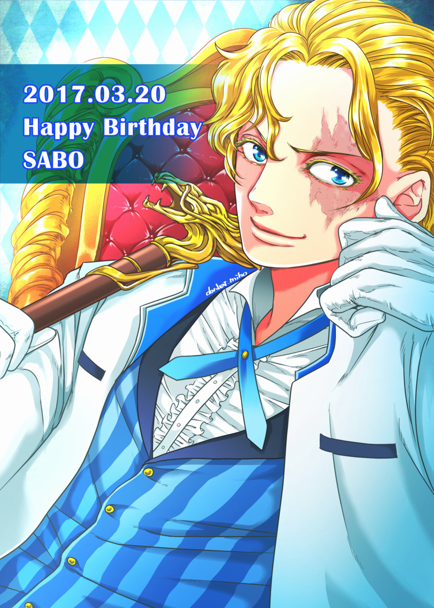 1boy argyle argyle_background armchair blonde_hair blue_eyes blue_neckwear blue_ribbon blue_vest buttons cane chair character_name closed_mouth collar collared_shirt danbat_miho dated formal gloves hand_on_own_cheek happy_birthday highres holding holding_cane jacket looking_at_viewer male_focus neck_ribbon one_piece open_clothes open_jacket ribbon sabo_(one_piece) scar shirt short_hair smile solo striped striped_vest suit upper_body vest white_gloves white_jacket white_shirt