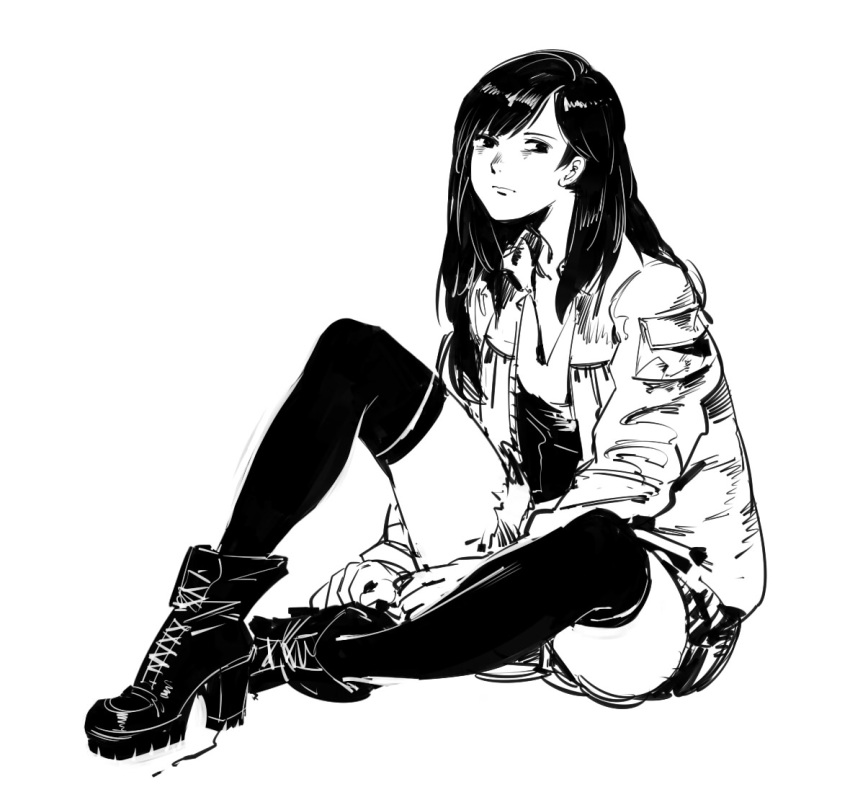 1girl ankle_boots bags_under_eyes boots closed_mouth copyright_request greyscale high_heel_boots high_heels jacket jitome long_hair long_sleeves looking_at_viewer monochrome open_clothes open_jacket ruukii_drift simple_background sitting solo thigh-highs white_background