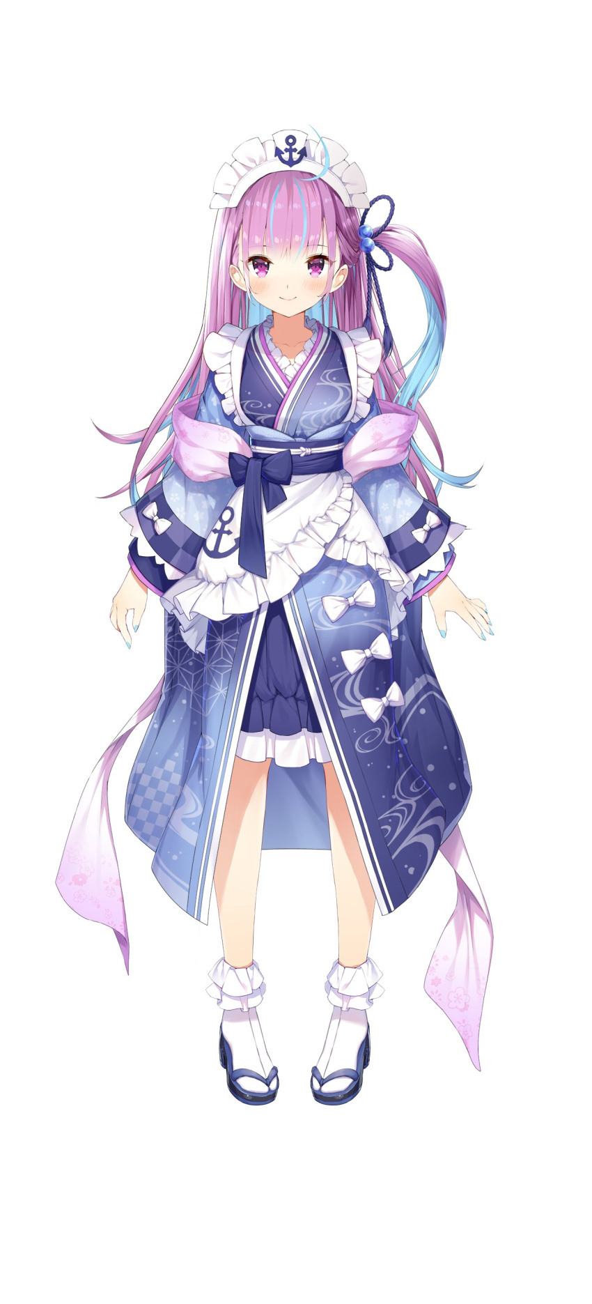 1girl absurdres alternate_color alternate_costume anchor_print aqua_nails blue_footwear blush closed_mouth collarbone full_body highres hololive looking_at_viewer maid_headdress matsui_hiroaki minato_aqua nail_polish purple_hair sandals smile violet_eyes virtual_youtuber white_background