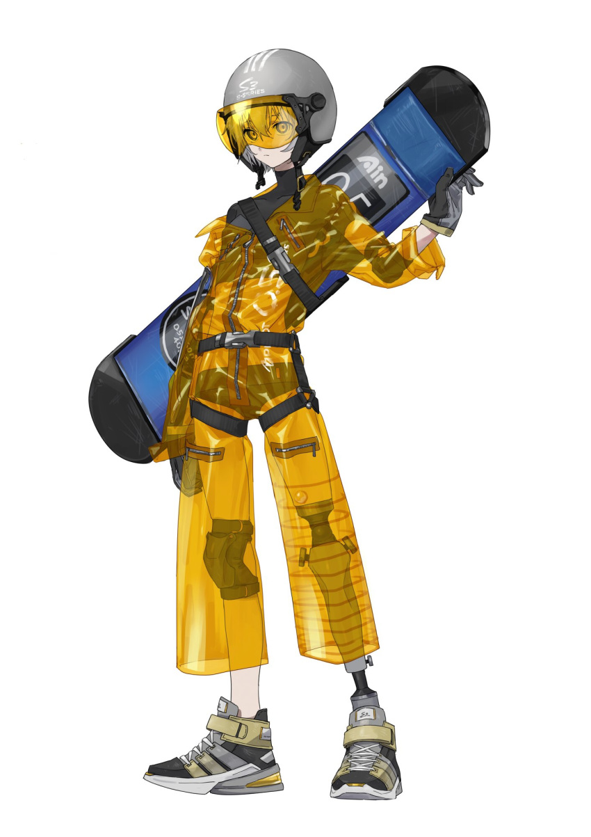 1girl arm_at_side breasts elbow_pads expressionless full_body gloves grey_hair helmet highres jumpsuit knee_pads light_oooo original prosthesis prosthetic_leg see-through shoes short_hair short_shorts shorts small_breasts snap-fit_buckle sneakers snowboard solo visor white_background yellow_eyes yellow_jumpsuit zipper