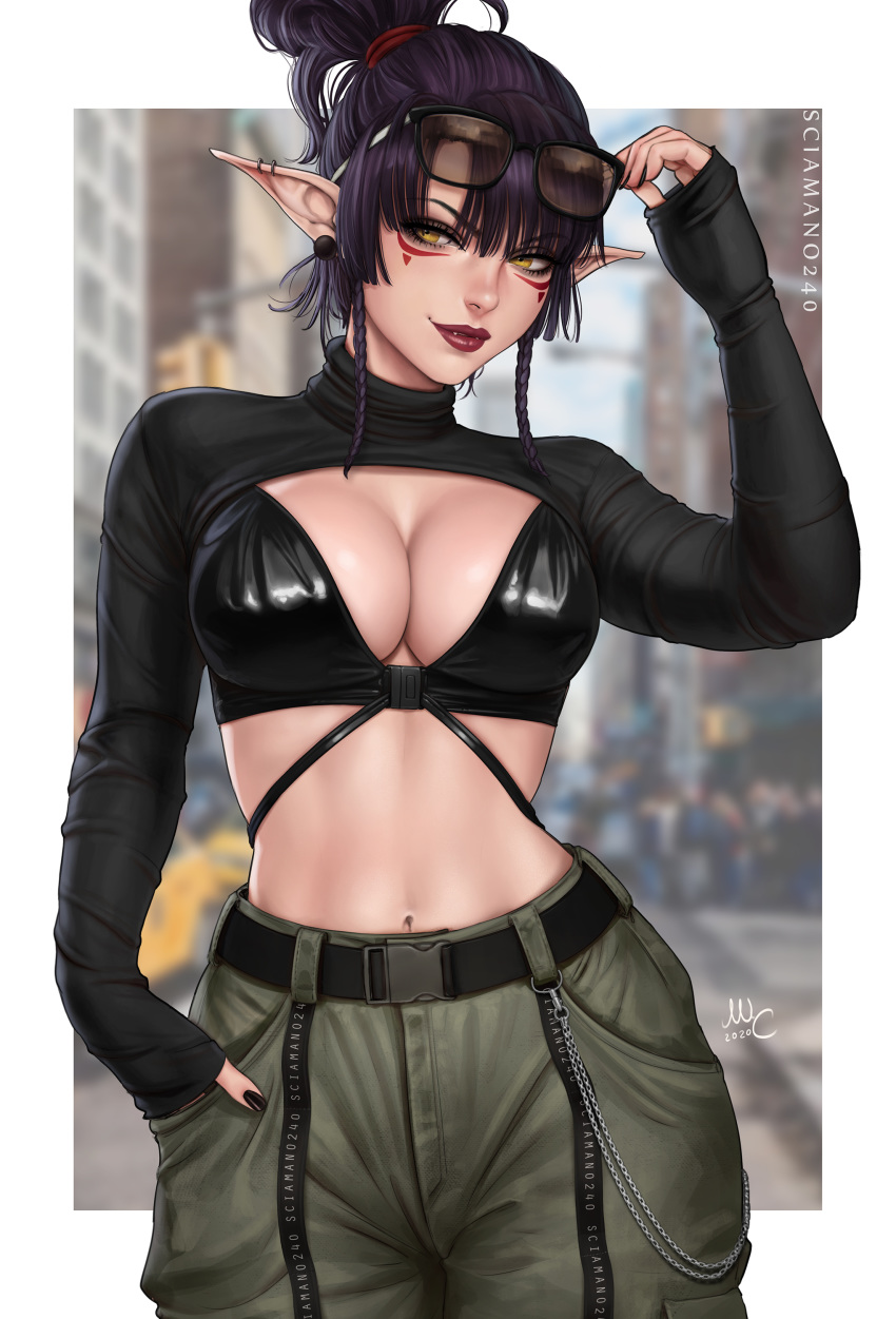 1girl absurdres artist_name bangs belt black_hair black_nails blurry blurry_background breasts commentary dated ear_piercing earrings eyebrows_visible_through_hair eyewear_on_head fang hair_ornament highres jewelry large_breasts long_hair long_sleeves looking_at_viewer navel original paid_reward patreon_reward piercing pointy_ears ponytail red_lips sciamano240 sunglasses valerie_(sciamano240) yellow_eyes