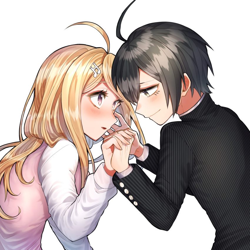 1boy 1girl ahoge akamatsu_kaede bangs black_hair blonde_hair blush breasts commentary_request dangan_ronpa eyebrows_visible_through_hair from_side hair_between_eyes hair_ornament hands_together highres long_hair looking_at_another musical_note musical_note_hair_ornament new_dangan_ronpa_v3 open_mouth saihara_shuuichi school_uniform shirt simple_background smile striped striped_jacket sumeshiruko sweater_vest violet_eyes white_background