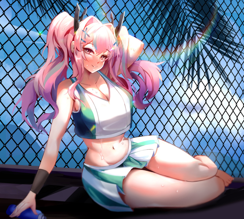 1girl azur_lane bangs bare_shoulders blue_sky blush bottle breasts bremerton_(azur_lane) bremerton_(scorching-hot_training)_(azur_lane) chain-link_fence clouds crop_top crop_top_overhang eyebrows_visible_through_hair fence hair_between_eyes hair_ornament hairclip holding_racket kuroha_(rockluo213) large_breasts long_hair looking_at_viewer multicolored_hair navel palm_tree pink_hair shirt sitting skirt sky sleeveless sleeveless_shirt sportswear streaked_hair sweatdrop tennis_uniform tree twintails two-tone_shirt two-tone_skirt water_bottle x_hair_ornament