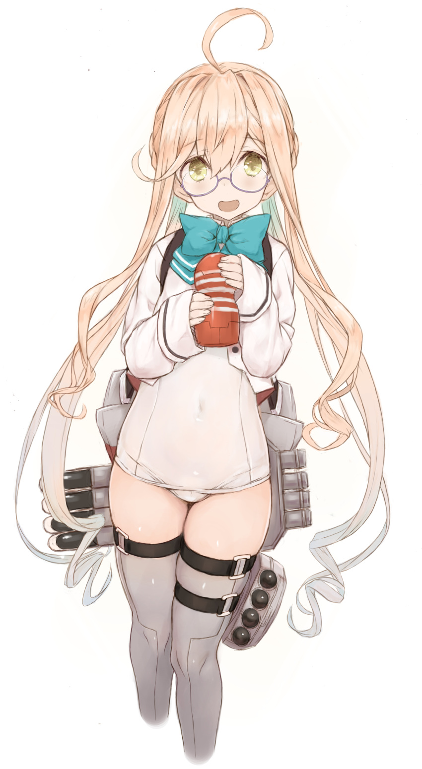 1girl absurdres ahoge alternate_costume aqua_neckwear blazer bow bowtie braid commentary_request cowboy_shot crown_braid glasses goekawa grey_legwear highres jacket kantai_collection long_sleeves looking_at_viewer makigumo_(kantai_collection) pink_hair remodel_(kantai_collection) school_swimsuit simple_background sleeves_past_wrists solo swimsuit tenga thigh-highs torpedo_launcher twintails white_background white_school_swimsuit white_swimsuit