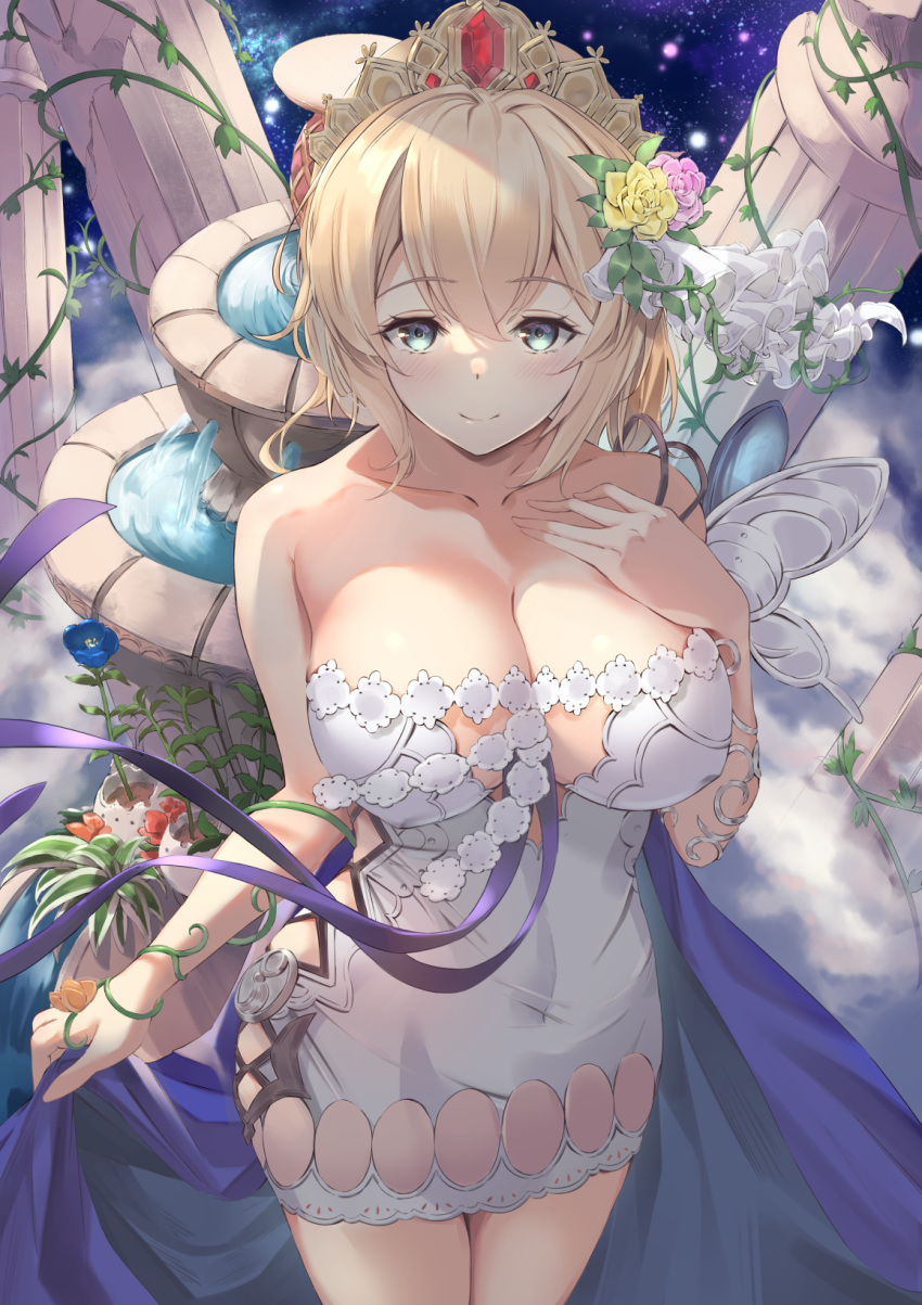 1girl argyle_cutout bare_shoulders bikini blonde_hair blue_cape blue_eyes blue_ribbon breasts cape commentary_request dress europa_(granblue_fantasy) eyebrows_visible_through_hair flower fountain granblue_fantasy hair_flower hair_ornament highres jewelry large_breasts looking_at_viewer ribbon sg_(satoumogumogu) short_dress short_hair smile standing swimsuit tiara white_bikini white_dress