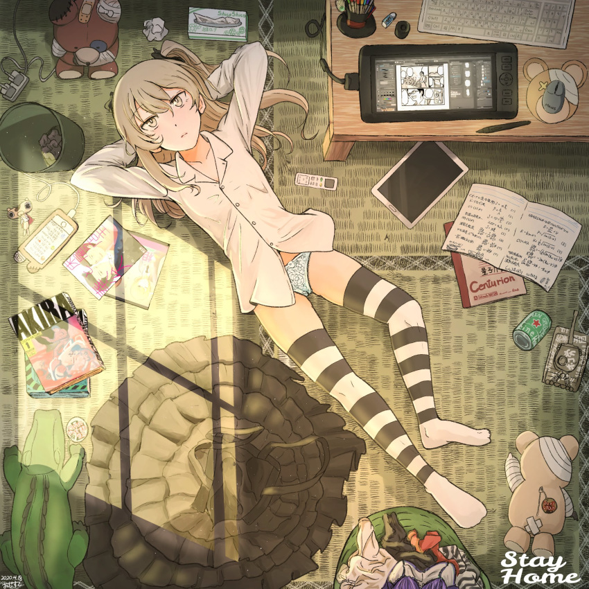1girl bandages bangs boko_(girls_und_panzer) brown_eyes brown_hair can clothes_removed controller girls_und_panzer ground_vehicle hair_ribbon highres kaisoku_hirosuko laundry laundry_basket light_brown_hair long_hair long_sleeves lying manga_(object) messy_room military military_vehicle motor_vehicle notebook on_back one_side_up panties remote_control ribbon shimada_arisu shirt short skirt solo striped striped_legwear stuffed_animal stuffed_toy tablet_pc tank tatami teddy_bear thigh-highs tissue_box trash trash_can underwear