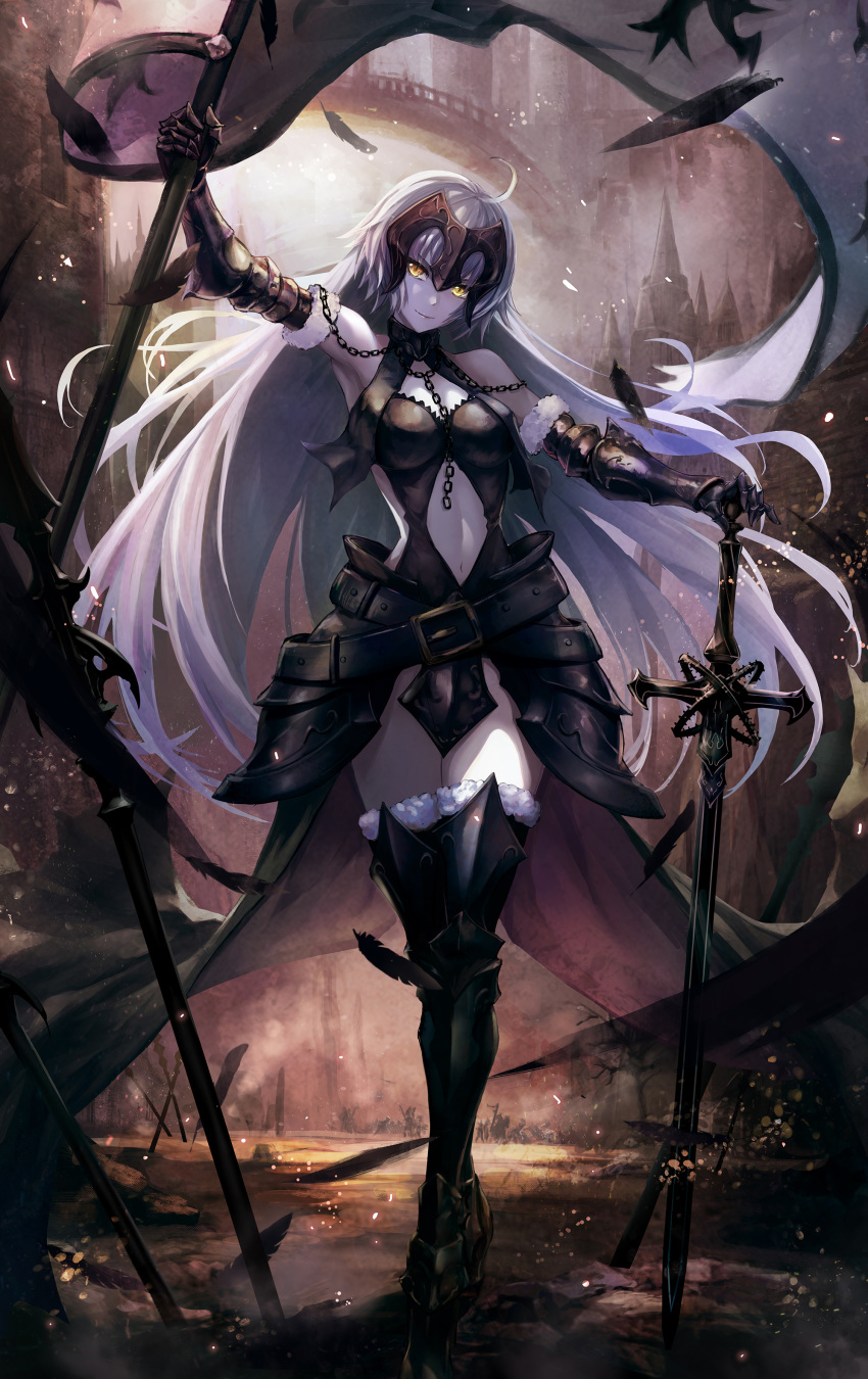 1girl absurdres ahoge armor armored_boots armored_dress bangs banner blurry blurry_background boots breasts cape chain dark_background fate/grand_order fate_(series) faulds full_body fur-trimmed_cape fur_trim gauntlets headpiece highres jeanne_d'arc_(alter)_(fate) jeanne_d'arc_(fate)_(all) large_breasts long_hair navel navel_cutout pale_skin saya_kuroha silver_hair smile solo sword thigh-highs tsurime urban very_long_hair weapon yellow_eyes