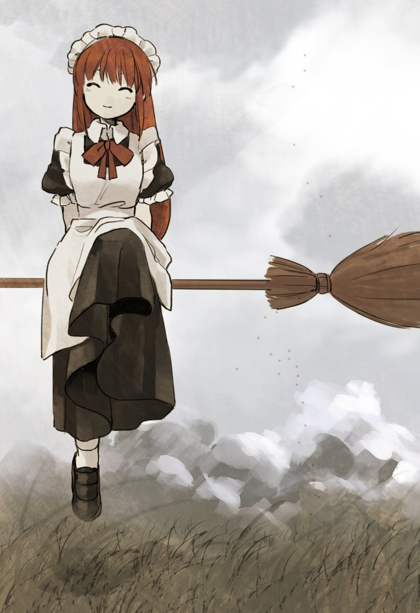 1girl apron black_dress black_footwear bow bowtie breasts broom broom_riding closed_eyes closed_mouth dress frilled_apron frilled_sleeves frills highres kaigen_1025 long_hair maid maid_apron maid_headdress puffy_short_sleeves puffy_sleeves red_bow red_bowtie redhead seihou short_sleeves small_breasts smile socks very_long_hair vivit white_apron