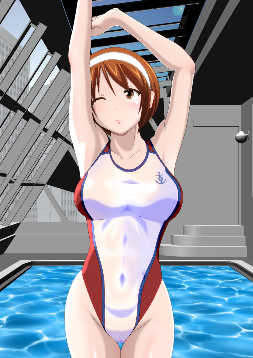 1girl 3d_background absurdres anchor_symbol arms_up brown_eyes brown_hair commentary_request competition_swimsuit cowboy_shot hairband highleg highleg_swimsuit highres indoors kantai_collection natori_(kantai_collection) noppo-san one-piece_swimsuit one_eye_closed pool rei_no_pool short_hair solo stairs stretch swimsuit thigh_gap white_hairband white_swimsuit