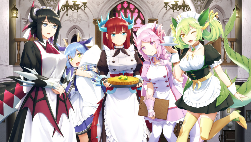 5girls :d ;d animal_ears apron ascot back_bow bangs black_dress black_hair black_horns black_tail blue_eyes blue_hair blue_horns blue_kimono blush bow braid breasts brown_choker brown_neckwear bun_cover buttons cake chandelier choker clipboard collarbone collared_dress commentary_request cowboy_shot cup detached_collar dragon_ears dragon_girl dragon_horns dragon_tail dragon_wings dragonmaid_hausky dragonmaid_laudry dragonmaid_nasary dragonmaid_parla dragonmaid_tillroo dress duel_monster eyebrows_visible_through_hair fang food frilled_apron frills gauntlets glasses green_hair green_horns green_sash green_tail green_wings hair_between_eyes hair_bun hair_ornament hair_over_shoulder hair_rings hairclip hand_on_own_chest haribote_(tarao) hat high_heels holding holding_clipboard holding_plate holding_sheet holding_tray horns indoors japanese_clothes kimono knees_together_feet_apart lantern large_breasts long_dress long_hair long_sleeves looking_at_viewer maid maid_apron maid_dress maid_headdress mansion multicolored_hair multiple_girls neckerchief nurse_cap one_eye_closed open_mouth own_hands_together pantyhose pink_dress pink_eyes pink_hair pink_horns pink_wings plate puffy_long_sleeves puffy_short_sleeves puffy_sleeves railing red_neckwear red_tail redhead sash short_dress short_kimono short_sleeves sidelocks single_braid smile stained_glass stairs standing standing_on_one_leg sweatdrop tail teacup thigh-highs tray twintails two-tone_hair wa_maid waist_apron white_apron white_legwear wide_sleeves wings wrist_cuffs yellow_eyes yellow_horns yellow_legwear yuu-gi-ou zettai_ryouiki