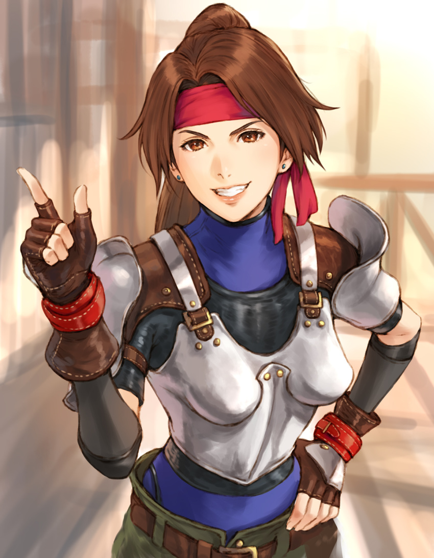 1girl armor bangs belt bodysuit bodysuit_under_clothes breastplate brown_eyes brown_hair commentary_request earrings final_fantasy final_fantasy_vii final_fantasy_vii_remake fingerless_gloves gloves hand_up headband highres index_finger_raised jessie_(ff7) jewelry lips long_hair looking_at_viewer makimura_shunsuke pants parted_lips ponytail red_headband shiny shiny_hair shoulder_armor shoulder_pads smile solo teeth turtleneck upper_body