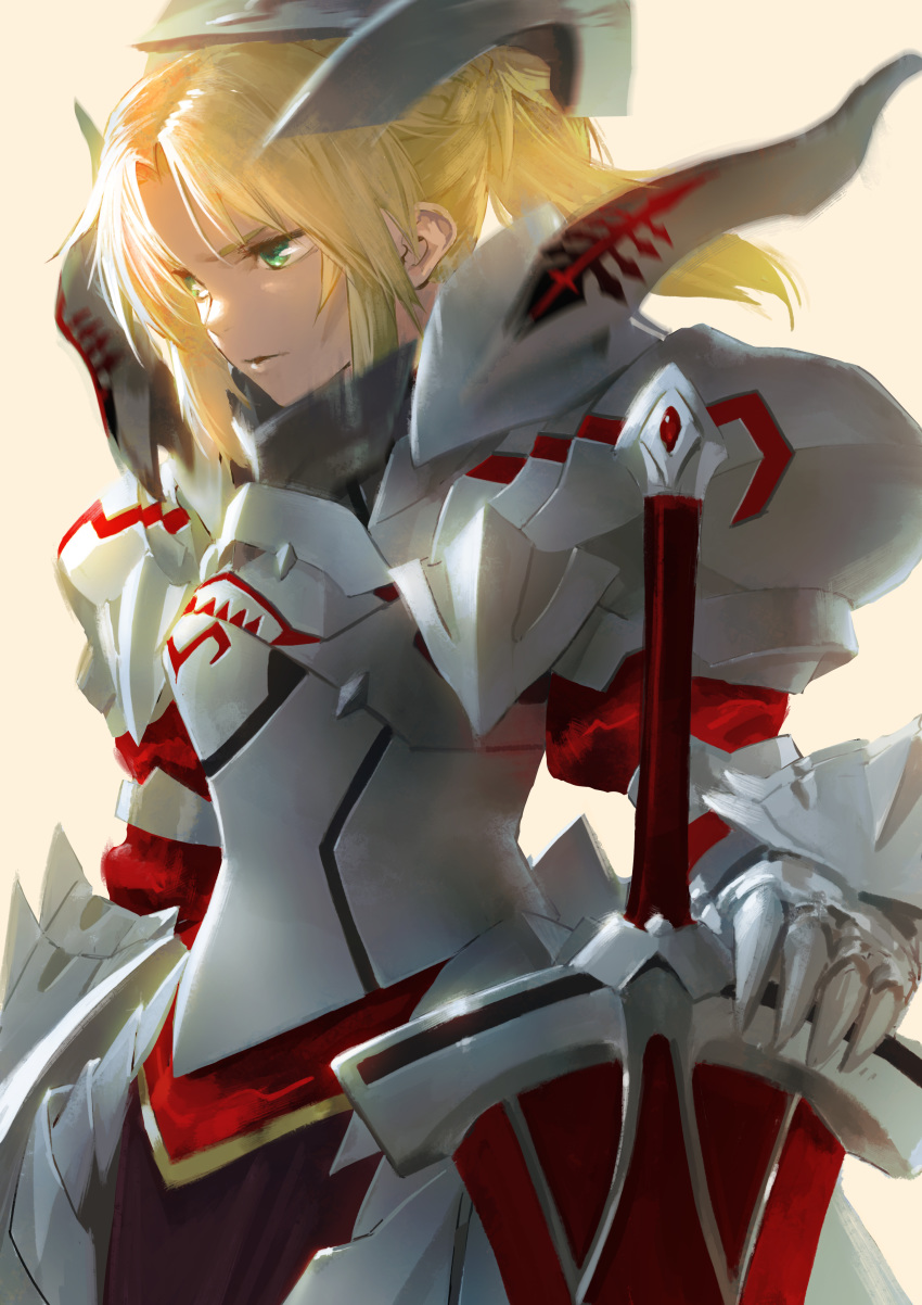 1girl absurdres armor blonde_hair clarent cowboy_shot fate/grand_order fate_(series) from_side glaring green_eyes highres mordred_(fate)_(all) parted_lips pauldrons planted_sword planted_weapon ponytail solo sword tabard weapon yayoi_fmfm