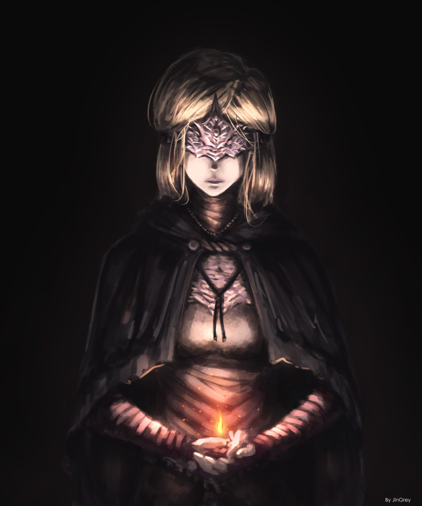 1girl absurdres arm_wrap blindfold blonde_hair cloak commentary covered_eyes cupping_hands dark_souls dark_souls_iii darkness english_commentary fire fire_keeper highres jin_grey_paladin long_hair solo souls_(from_software)