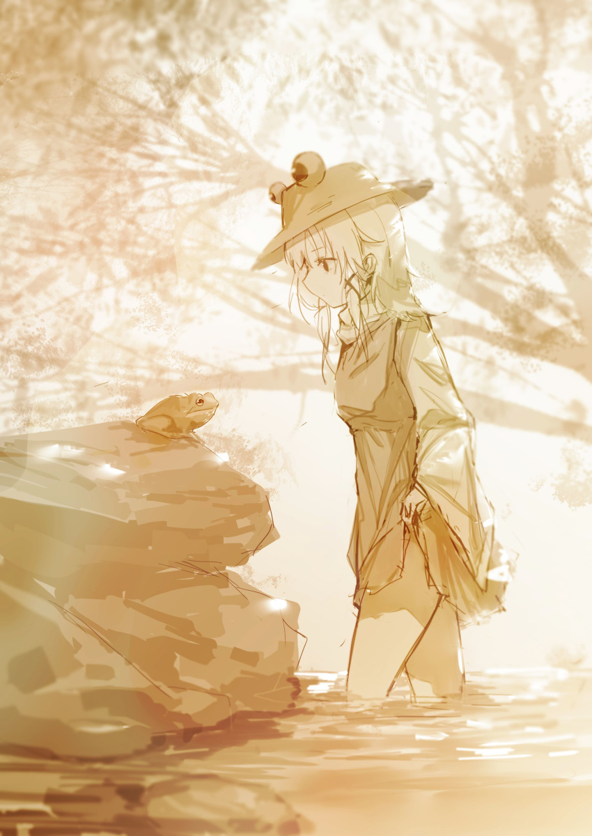 1girl absurdres animal croci frog from_side hat highres long_hair long_sleeves moriya_suwako nature outdoors rock sepia skirt_hold solo standing touhou tree wading water wide_sleeves