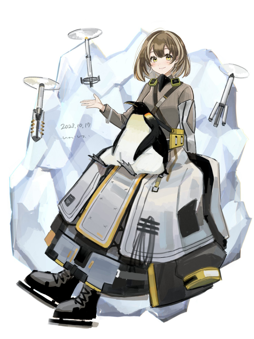 1girl animal_on_lap arknights bird black_footwear brown_hair brown_shirt clothes_around_waist commentary dated drone full_body hand_up highres ice jacket jacket_around_waist k-yosinori leaning_back long_sleeves looking_at_viewer magallan_(arknights) magallan_(elite_ii)_(arknights) multicolored_hair on_lap open_clothes open_jacket penguin shirt signature simple_background skates smile solo streaked_hair white_background white_hair white_jacket yellow_eyes