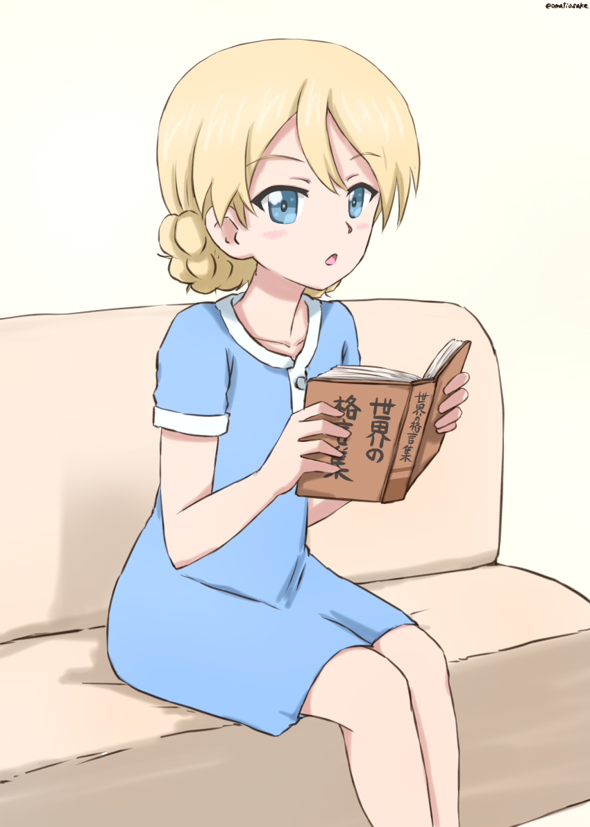 1girl absurdres bangs blonde_hair blue_dress blue_eyes book braid commentary couch darjeeling_(girls_und_panzer) dress girls_und_panzer highres holding holding_book looking_at_viewer medium_dress omachi_(slabco) on_couch open_mouth short_hair short_sleeves sitting solo tied_hair translated twin_braids twitter_username younger