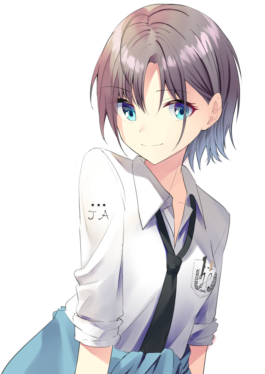 1girl absurdres aqua_eyes asakura_tooru bangs black_neckwear blue_hair breast_pocket closed_mouth clothes_around_waist collared_shirt commentary_request eyebrows_visible_through_hair gradient_hair grey_hair highres idolmaster idolmaster_shiny_colors looking_at_viewer megurumiru multicolored_hair necktie parted_bangs pen pocket school_uniform shirt short_hair simple_background sleeves_pushed_up smile solo star upper_body white_background white_shirt wing_collar
