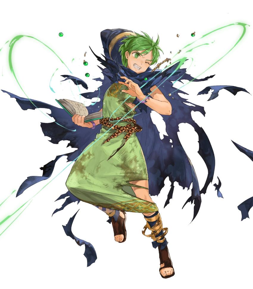 1boy belt book bracelet cape fire_emblem fire_emblem:_mystery_of_the_emblem fire_emblem_heroes full_body green_eyes green_hair highres hood jewelry leaf mayo_(becky2006) merric_(fire_emblem) official_art one_eye_closed sandals solo teeth torn_clothes transparent_background