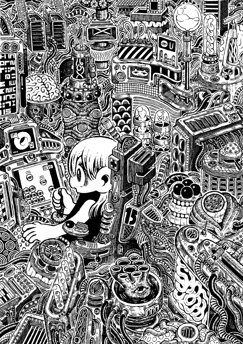 15ooo 1girl absurdres black_dress brain chair controller dress eyes game_controller greyscale highres holding holding_controller holding_game_controller joystick machine monitor monochrome open_mouth original playing_games science_fiction solo video_game