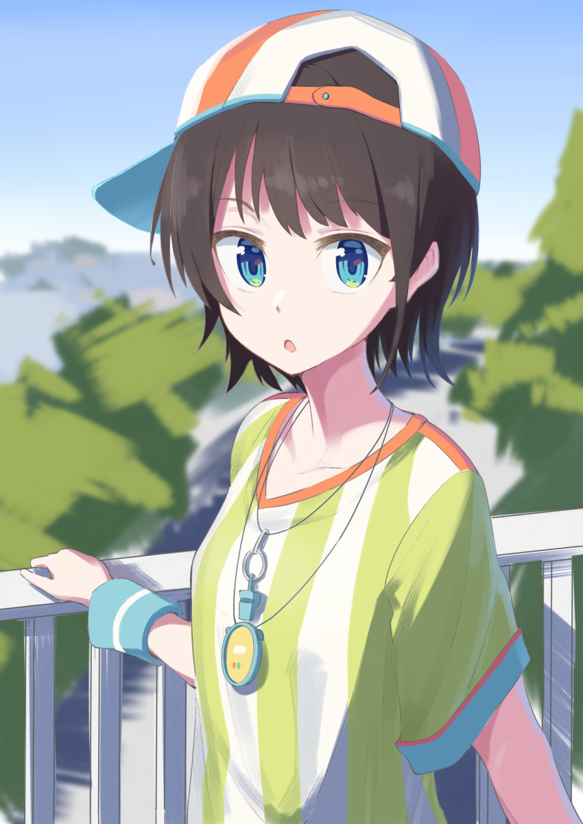 1girl bangs black_hair blue_eyes chestnut_mouth commentary day hat highres hololive looking_at_viewer oozora_subaru outdoors railing senda_nara shirt short_hair sideways_hat striped striped_shirt t-shirt vertical-striped_shirt vertical_stripes virtual_youtuber whistle whistle_around_neck wristband