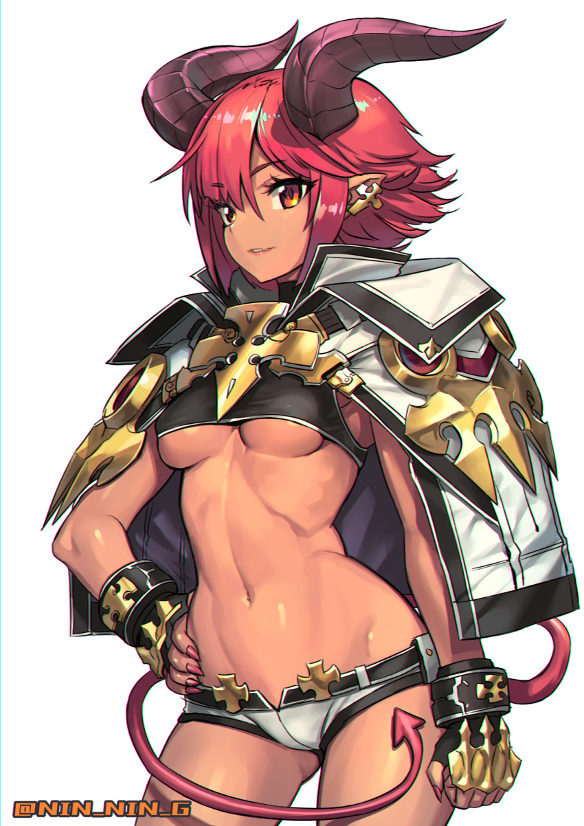 1girl ass_visible_through_thighs bangs breasts cape character_request crop_top cross cross_patty demon_girl demon_horns demon_tail eyebrows_visible_through_hair fangs fingernails gloves gold_armor highres horns long_fingernails looking_at_viewer micro_shorts midriff navel ninnin_(shishitou) no_bra original parted_lips pointy_ears red_eyes red_tail redhead short_hair shorts sidelocks skindentation small_breasts stomach tagme tail under_boob white_cape white_shorts