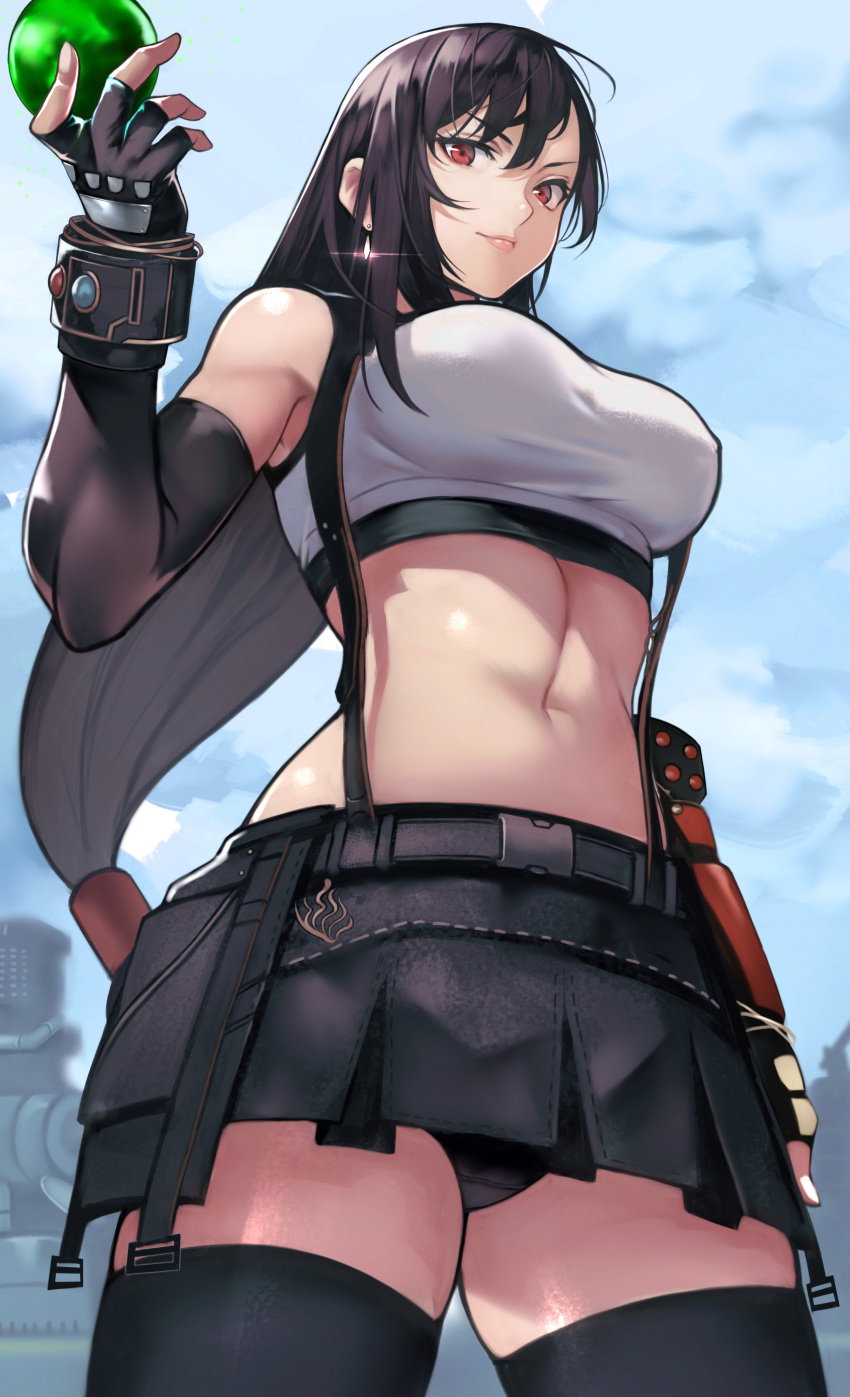 1girl 55level absurdres bangs bare_shoulders black_gloves black_hair black_legwear black_panties black_skirt breasts closed_mouth earrings elbow_gloves elbow_pads final_fantasy final_fantasy_vii final_fantasy_vii_remake fingerless_gloves gloves highres jewelry large_breasts long_hair looking_at_viewer low-tied_long_hair materia midriff navel orb panties red_eyes shirt skirt smile solo suspender_skirt suspenders tank_top taut_clothes taut_shirt thigh-highs thighs tifa_lockhart underwear white_tank_top