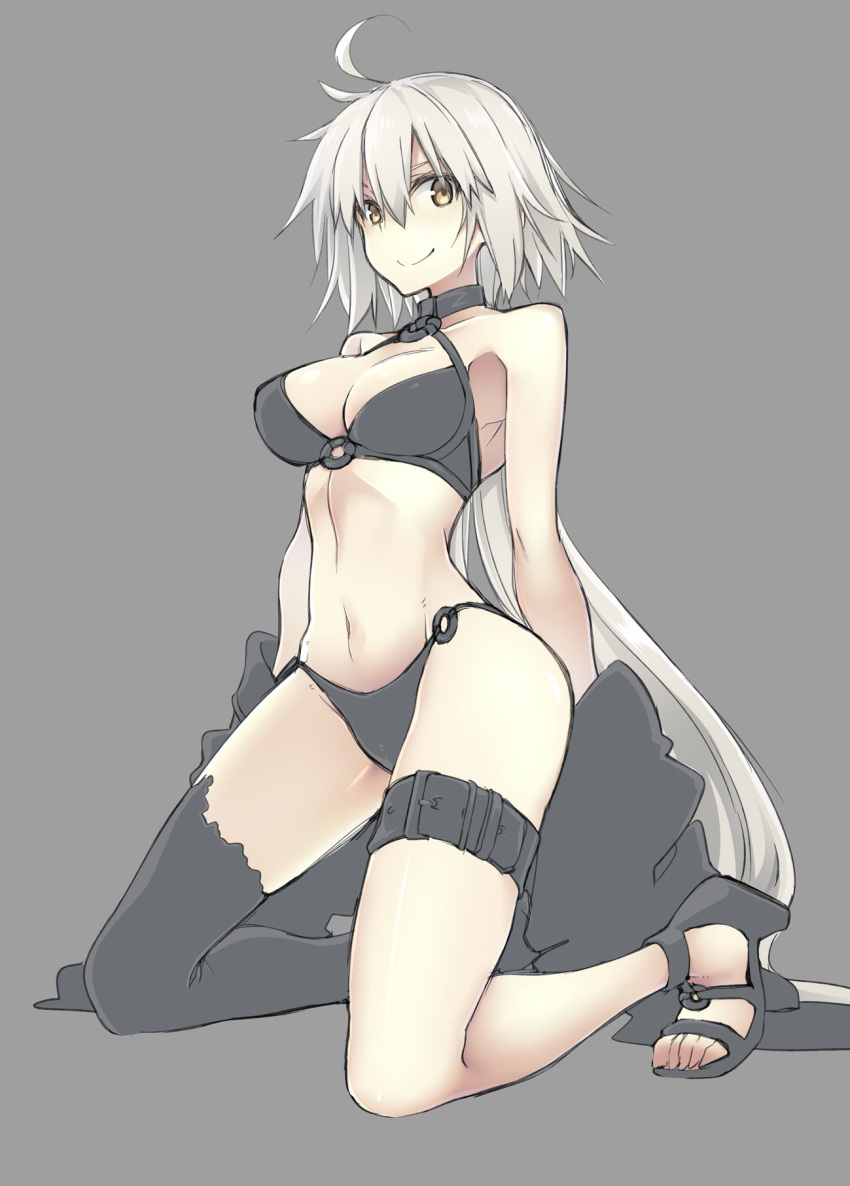 10mo 1girl ahoge bangs bikini black_bikini black_footwear black_jacket black_legwear closed_mouth fate/grand_order fate_(series) full_body grey_background highres jacket jeanne_d'arc_(alter_swimsuit_berserker) jeanne_d'arc_(fate)_(all) kneeling long_hair looking_at_viewer medium_hair o-ring o-ring_bikini off_shoulder sandals silver_hair simple_background single_thighhigh smile solo swimsuit thigh-highs thigh_strap very_long_hair yellow_eyes