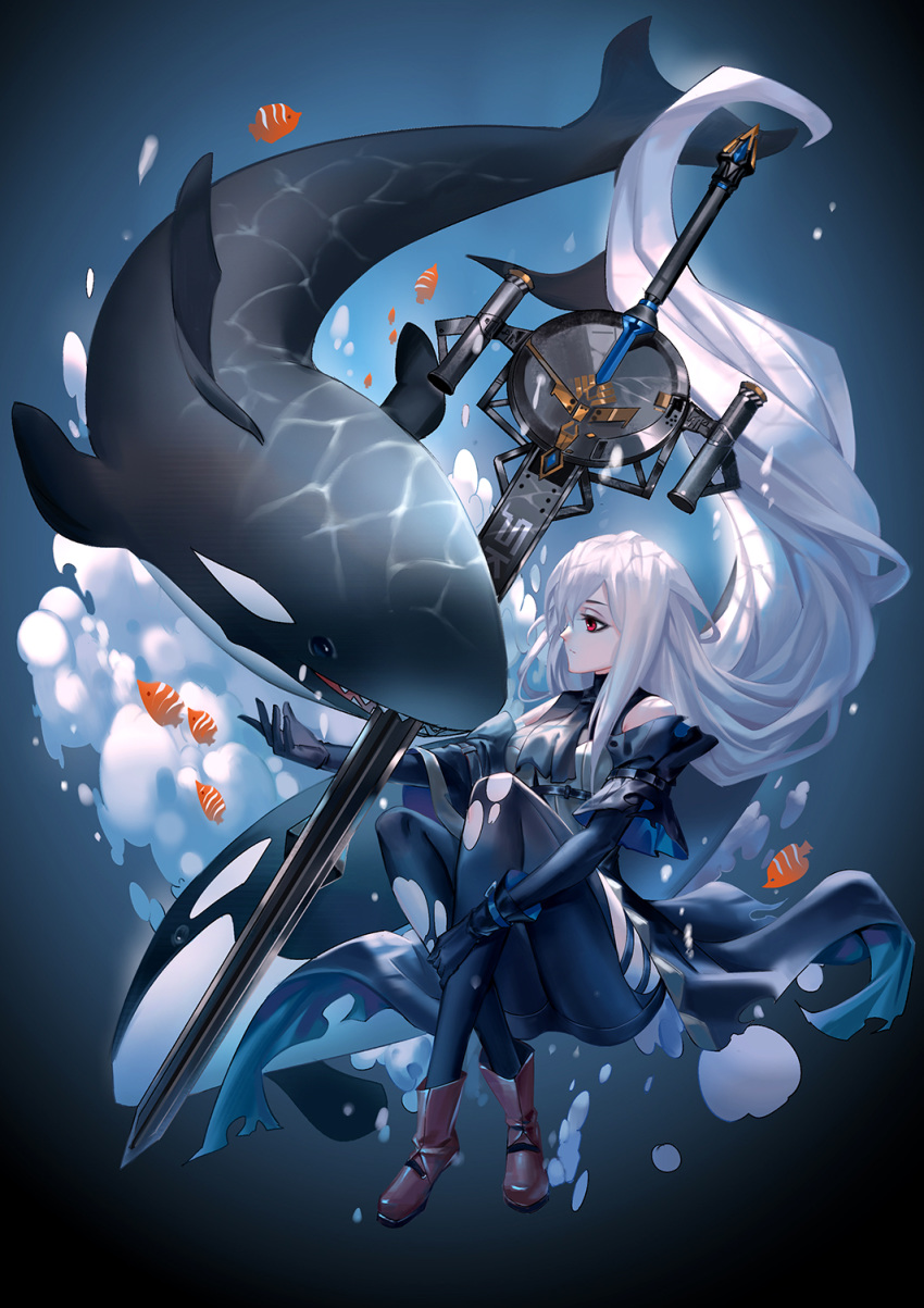 1girl arknights ascot awer bangs bare_shoulders black_background black_gloves black_neckwear black_pants blue_background boots breasts brown_footwear commentary elbow_gloves fish floating_hair gloves gradient gradient_background highres knees_up leggings long_hair medium_breasts no_hat no_headwear orca pants red_eyes silver_hair skadi_(arknights) sword teeth_hold thigh_cutout thighs very_long_hair weapon