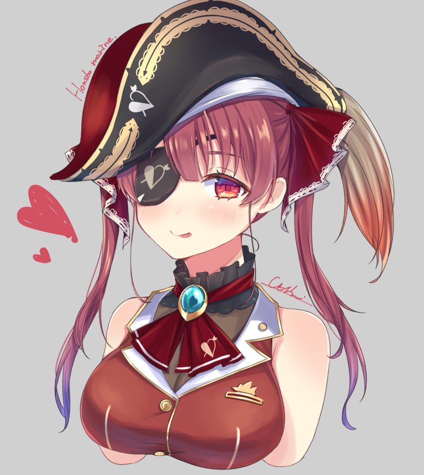 1girl :p absurdres ascot bare_shoulders black_headwear blush breasts brooch character_name closed_mouth commentary cropped_torso eyepatch gem grey_background hair_ribbon hat heart heart_print highres hololive houshou_marine jewelry large_breasts okiq one_eye_covered pirate_hat purple_hair red_ribbon red_vest ribbon sapphire_(gemstone) signature simple_background smile solo tongue tongue_out twintails upper_body vest virtual_youtuber