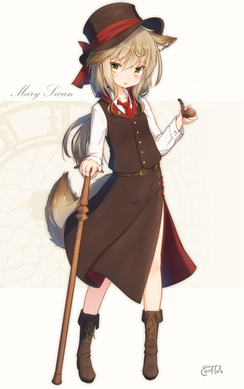 1girl animal_ears bangs black_headwear black_skirt black_vest boots brown_footwear brown_hair cane character_name collared_shirt coreytaiyo dated dog_ears dog_girl dog_tail eyebrows_visible_through_hair full_body green_eyes hair_between_eyes hat highres holding holding_pipe long_hair long_sleeves looking_at_viewer necktie original parted_lips pipe red_neckwear shirt signature skirt solo standing tail very_long_hair vest white_shirt
