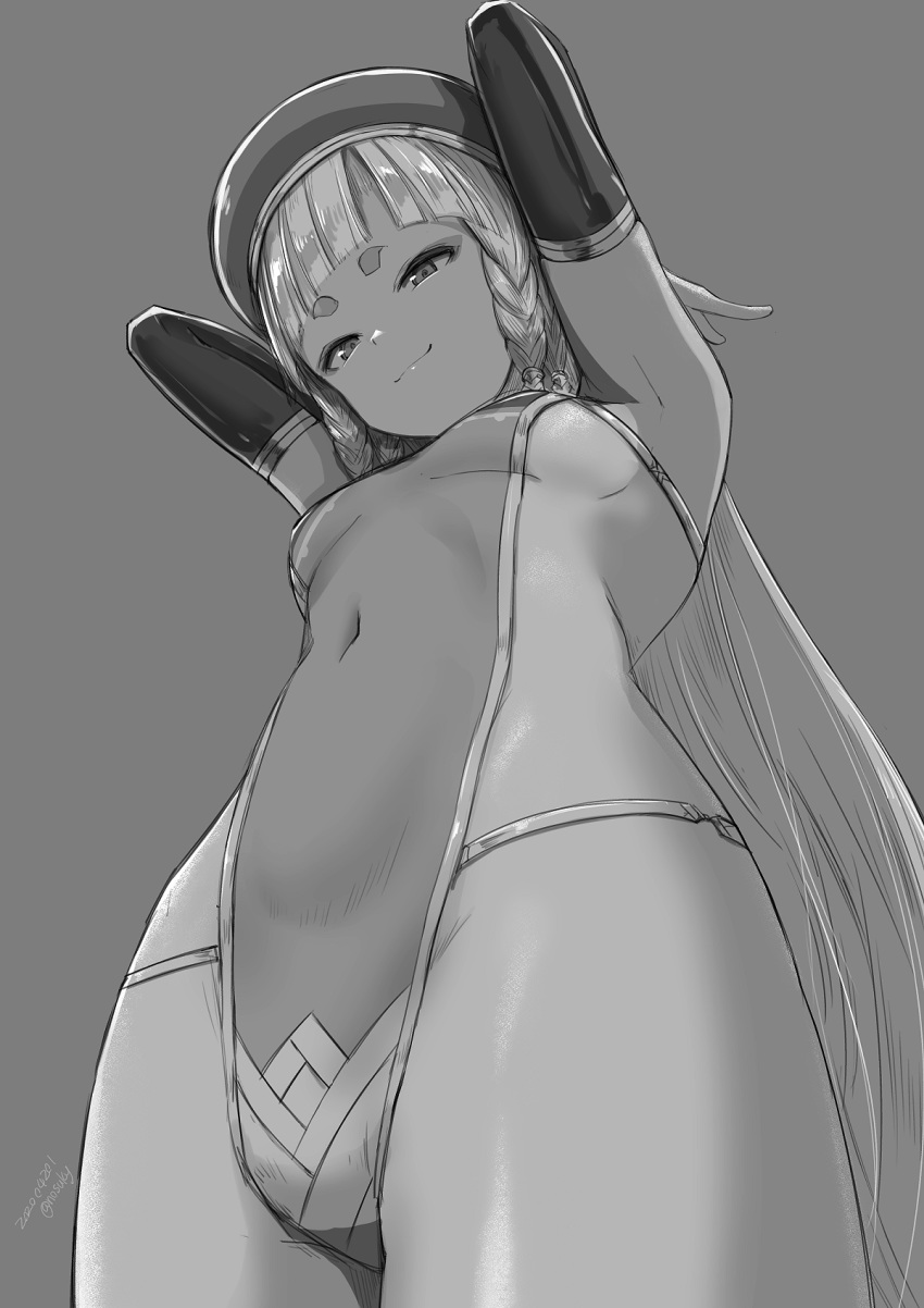 1girl armpits arms_behind_head arms_up bangs bare_shoulders beret blunt_bangs blush breasts closed_mouth covered_navel detached_sleeves erune eyeliner granblue_fantasy grey_background greyscale hat highleg highleg_leotard highres leotard long_hair looking_at_viewer makeup monochrome nosuku pholia short_eyebrows sideboob sideless_outfit simple_background small_breasts smile solo thighs wide_sleeves