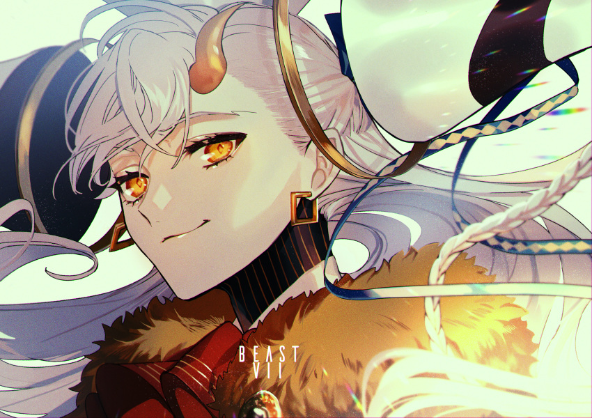 1girl absurdres albino_(a1b1n0623) blonde_hair braid earrings face fate/grand_order fate_(series) floating floating_object fur_collar hair_ornament hair_ribbon highres horn huge_filesize jewelry long_braid long_hair looking_at_viewer olga_marie_animusphere ribbon smile spoilers u-olga_marie white_hair yellow_eyes