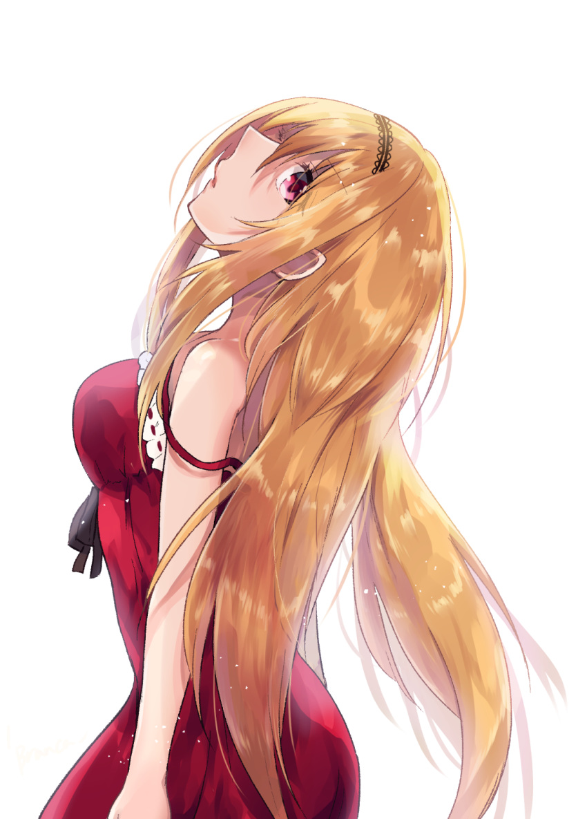 1girl bare_shoulders blonde_hair commentary_request dress from_side hairband head_tilt highres idolmaster idolmaster_cinderella_girls idolmaster_cinderella_girls_starlight_stage kurosaki_chitose long_hair looking_at_viewer nightgown red_eyes sleeveless sleeveless_dress solo soubimonogatari507 spaghetti_strap strap_slip white_background