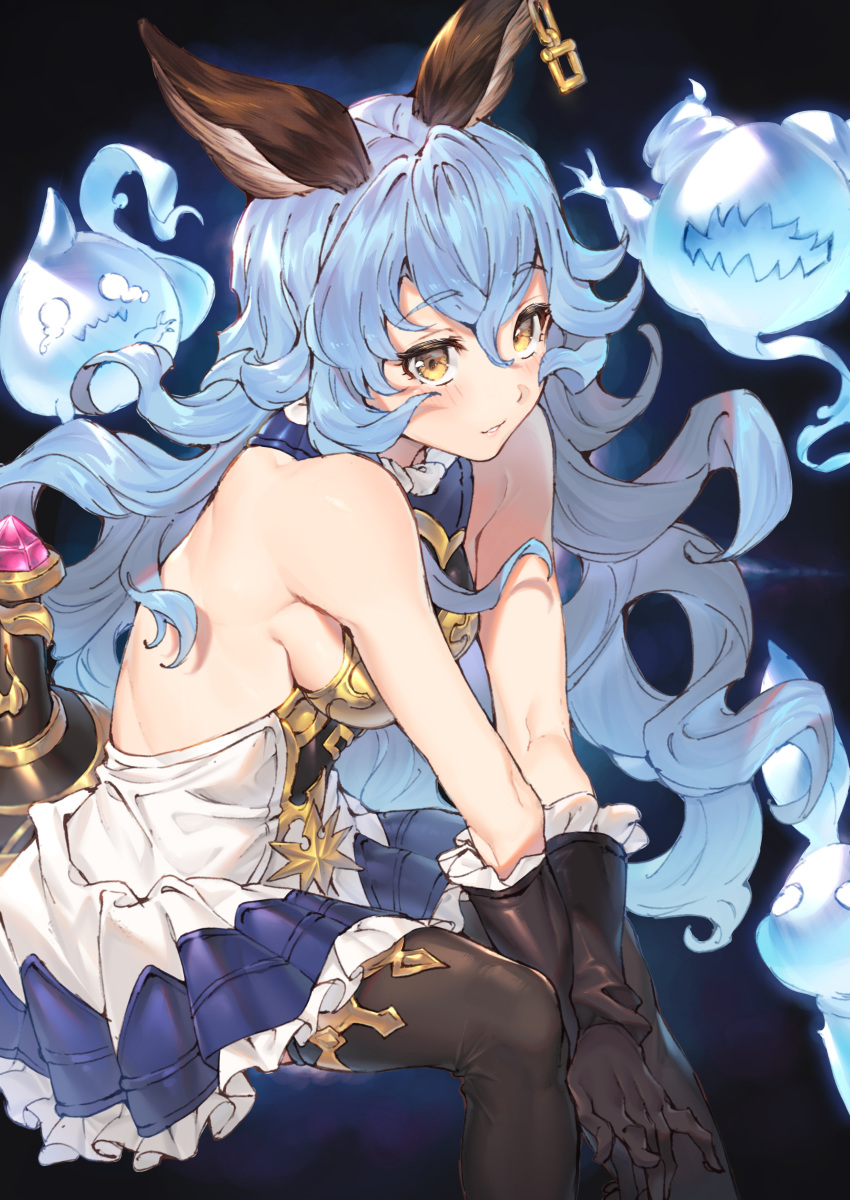 1girl absurdres animal_ears backless_dress backless_outfit bangs bare_shoulders black_gloves blue_hair blue_skirt blush breasts dress erune ferry_(granblue_fantasy) frilled_gloves frills ghost gloves granblue_fantasy highres jewelry joker_(tomakin524) light_smile long_hair looking_at_viewer medium_breasts parted_lips rabbit_ears sideboob single_earring sitting skirt thigh-highs wavy_hair yellow_eyes