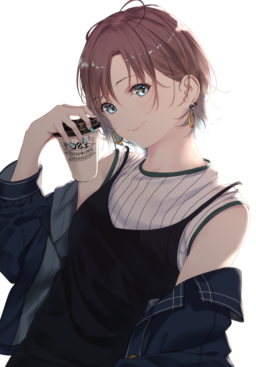 1girl aqua_eyes asakura_tooru bangs bare_shoulders black_dress black_jacket blue_nails brown_hair closed_mouth coffee_cup commentary_request cup disposable_cup dress earrings eyebrows_visible_through_hair fingernails highres holding holding_cup idolmaster idolmaster_shiny_colors jacket jewelry long_fingernails long_sleeves looking_at_viewer nail_polish off_shoulder open_clothes open_jacket pinafore_dress saitou_(lynx-shrike) shirt short_hair simple_background smile solo striped striped_shirt upper_body vertical-striped_shirt vertical_stripes white_background white_shirt