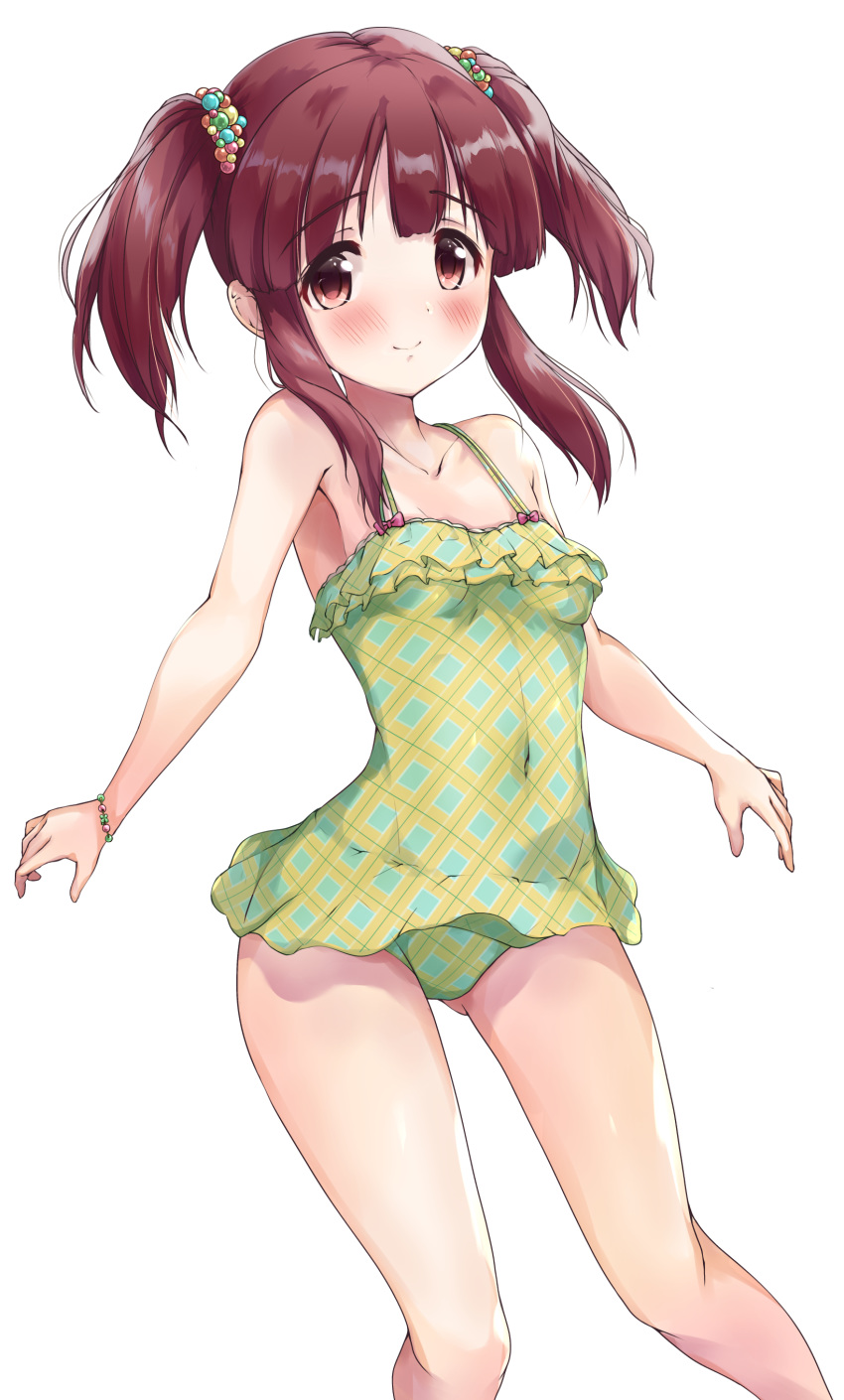 1girl absurdres ass_visible_through_thighs bangs bare_arms bare_shoulders blush breasts brown_eyes brown_hair casual_one-piece_swimsuit closed_mouth collarbone commentary_request covered_navel eyebrows_visible_through_hair feet_out_of_frame frilled_swimsuit frills green_swimsuit highres idolmaster idolmaster_cinderella_girls kuroba_aki long_hair looking_at_viewer ogata_chieri one-piece_swimsuit sidelocks simple_background small_breasts smile solo standing swimsuit twintails white_background